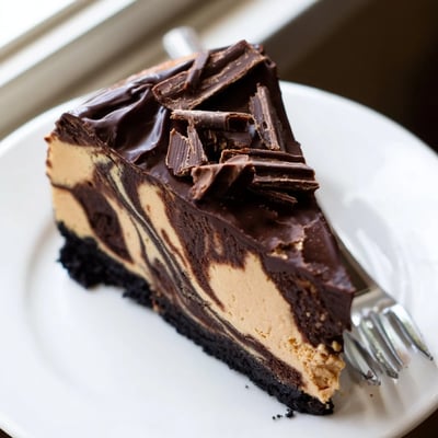 Creamy chocolate peanut butter cheesecake drizzled with glossy dark ganache topping