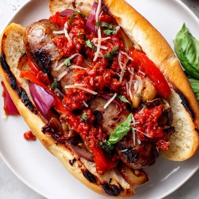 Crisp hoagie rolls loaded with juicy grilled sausages and smoky tomato sauce