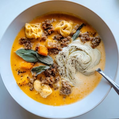 Golden butternut squash sausage tortellini soup topped with a silky sage cheese swirl garnish